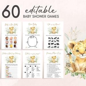 Bearbeitbares Löwen-Babyparty-Spielepaket, Greenery Lion Safari-Babyparty-Spielpaket, Neutrale Löwen-Dschungel-Babypartyspiele-Vorlage, 0734