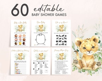 Editable Lion Baby Shower Games Bundle, Greenery Lion Safari Baby Shower Game Pack, Neutral Lion Jungle Baby Shower Games Template, 0734