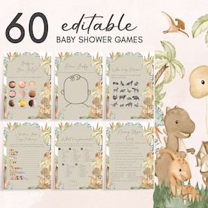 Pacote de jogo de chá de bebê de dinossauro de sinal editável, pacote de jogo de chá de bebê Boho de dinossauro bebê, modelo de jogo de chá de bebê Dino neutro de gênero 0666