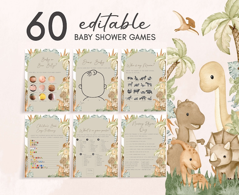 Editable Sign Dinosaur Baby Shower Game Bundle, Baby Dinosaur Boho Baby Shower Game Pack, Gender Neutral Dino Baby Shower Game Template 0666 image 1