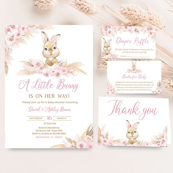 Editable Girl Rabbit Baby Shower Invitation Bundle, Pink Boho Rabbit Baby Shower Invite Set, Pampas Grass Girl Bunny Baby Shower Invite 0609