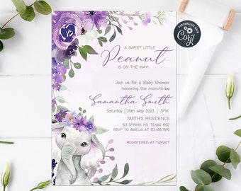 May include: Purple floral baby shower invitation with a cute illustration of a gray elephant wearing a purple flower crown. The invitation reads "A Sweet Little Peanut is on the Way!" and includes the name Samantha Smith, the date and time of the shower, and the location.