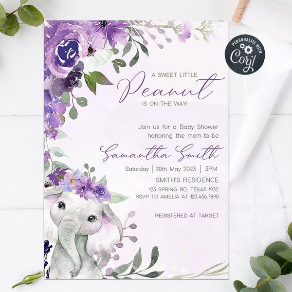 Editable Purple Elephant Baby Shower Invitation, Lavender Floral Baby Shower Invite, Violet Girl Elephant Invitation Printable Template 0228