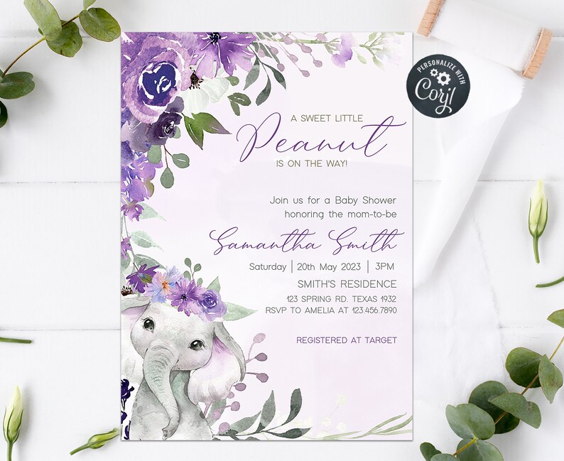 Redigerbar lila elefantinbjudan till babyshower, lavendelblommig babyshowerinbjudan, utskrivbar mall för violett flickaelefant 0228 bild 1