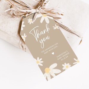 Bewerkbare madeliefje babyshower bedankkaartjes, Daisy Flower Boho cadeaus kraamcadeau tag, Groovy Daisy retro babyshower bedankkaartjes, 0634 afbeelding 3