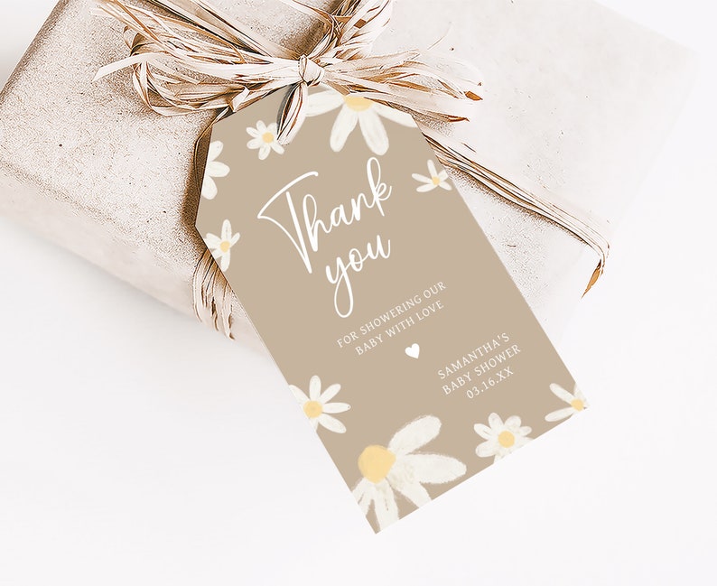 Bewerkbare madeliefje babyshower bedankkaartjes, Daisy Flower Boho cadeaus kraamcadeau tag, Groovy Daisy retro babyshower bedankkaartjes, 0634 afbeelding 3
