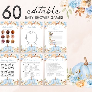 Editable Blue Floral Pumpkin Baby Shower Games Bundle, Boy Fall Baby Shower Game Pack, Autumn A Little Pumpkin Baby Shower Games Set 0472