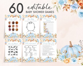 Redigerbara babyshower-spel med blå blommiga pumpor, babyshower-spel med höstmotiv för pojkar, babyshower-spel med en liten pumpa för hösten 0472
