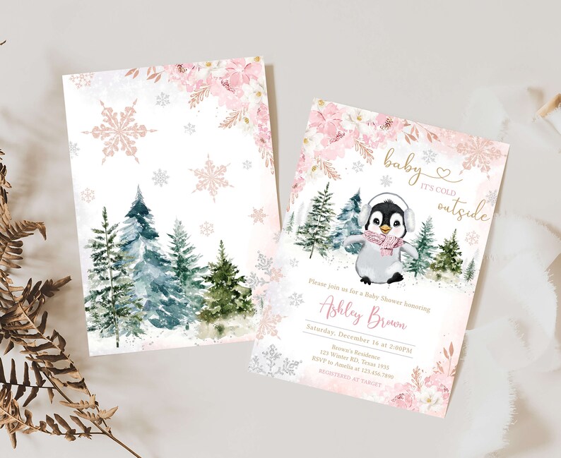 Editable Winter Penguin Baby Shower Invitation, Girl Penguin Baby Shower Invite, Pink Baby It's Cold Outside Baby Shower Invitation, 0557 image 2
