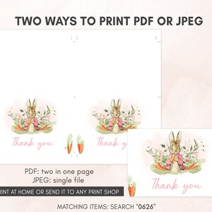 a set of two thank cards with a bunny holding a carrot