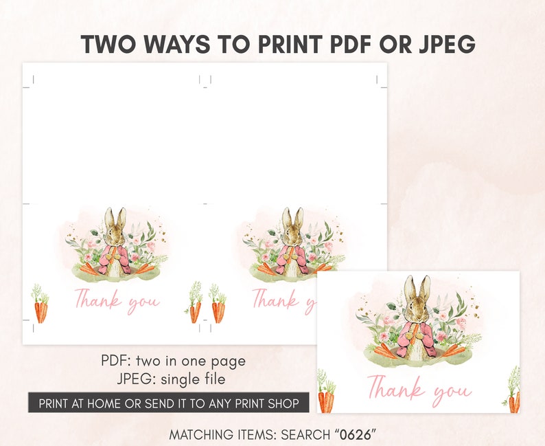 a set of two thank cards with a bunny holding a carrot
