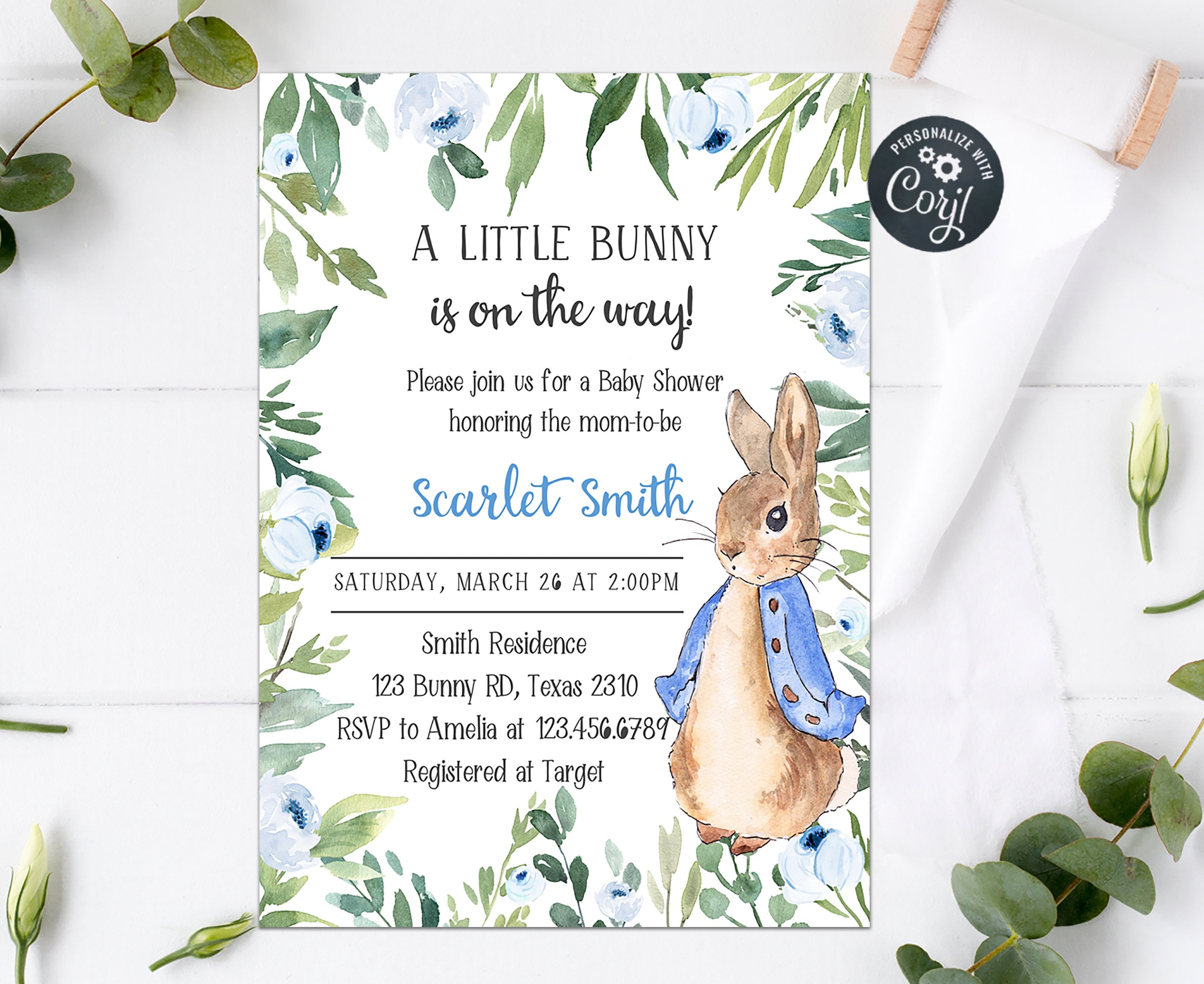 greenery blue peter rabbit classic party decor peter rabbit baby shower invitation editable eucalyptus boy peter rabbit invite template invitations paper party supplies paper mip com gt
