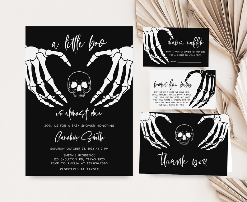Halloween Gothic with Skeleton and Skull with A Little Boo is almost Due Baby Shower Invitation Set