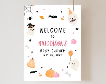 Editable rosa un pequeño boo bebé ducha signo de bienvenida, rosa fantasma Halloween bebé ducha cartel de bienvenida, niña Halloween signo de bienvenida decoración 0360