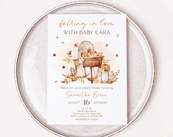 Convite editável para chá de bebê "Apaixonando-se", convite para chá de bebê de outono com abóbora pequena, convite floral para chá de bebê de outono com berço, 01116