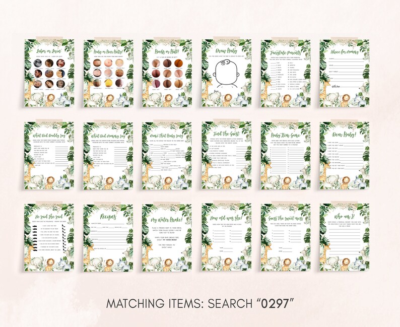 Editable Safari Baby Shower Games Bundle, Greenery Jungle Baby Shower Game Pack, Wild One Safari Animals Baby Shower Games Template, 0297 image 2