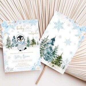 Editable Winter Penguin Baby Shower Invitation, Boy Penguin Baby Shower Invite, Blue Baby It's Cold Outside Baby Shower Invite Template 0559 image 2