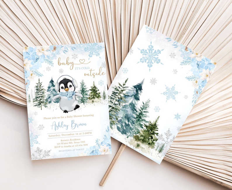 Editable Winter Penguin Baby Shower Invitation, Boy Penguin Baby Shower Invite, Blue Baby It's Cold Outside Baby Shower Invite Template 0559 image 2