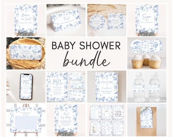 Editable Toile de Jouy Safari Baby Shower Bundle, Safari Toile Baby Shower Pack, Blue Chinoiserie Baby Boy Shower Mega Bundle Template 01072