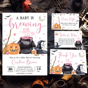 May include: A set of Halloween-themed baby shower invitations and cards. The main invitation features a pumpkin, cauldron, witch hat, and the text "A Baby is Brewing." Additional cards include "Diaper Raffle," "Books for Baby," and a thank you card.