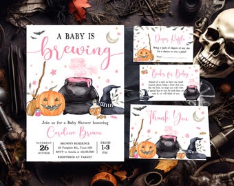 編集可能な「A Baby is Brewing」ベビーシャワー招待状セット、ピンクのハロウィンベビーシャワー招待状、女の子の不気味な魔女の招待状、秋のベビーシャワー0928