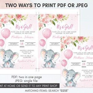 May include: Pink and white baby shower invitation with a gray elephant holding pink balloons. The invitation says "It's a Girl!" and includes the name Maddison Johnson, the date, time, and location of the shower. The text "Registered at Target" is also included.