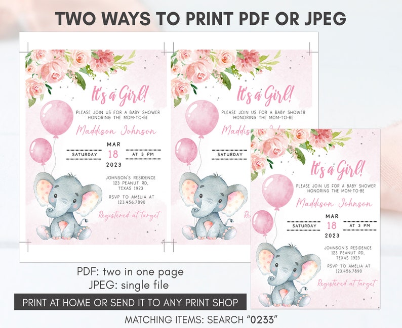 Editable Blush Pink Elephant Baby Shower Invitation Set, Girl Baby ...