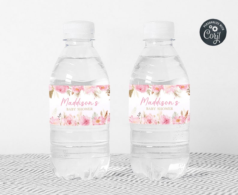 May include: Two clear plastic water bottles with pink floral labels that say "Maddison's Baby Shower".