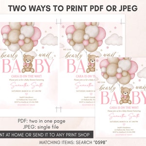 Editable Girl Bear Balloon Baby Shower Invitation, We Can Bearly Wait Baby Shower Invite, Pink Boho Bear Baby Shower Invite Template, 0598 image 3