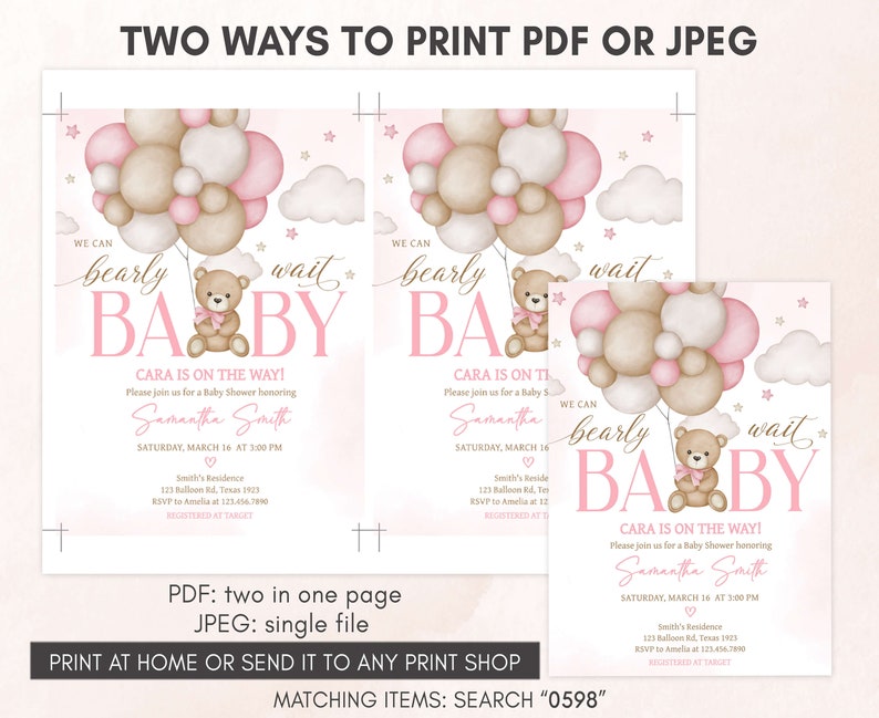 Editable Girl Bear Balloon Baby Shower Invitation, We Can Bearly Wait Baby Shower Invite, Pink Boho Bear Baby Shower Invite Template, 0598 image 3