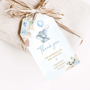 Etiquetas editables de favor de baby shower de elefante boho, etiqueta de regalo de baby shower de elefante azul niño, etiquetas de agradecimiento de ducha de hierba de pampas florales azules, 0618 imagen 3