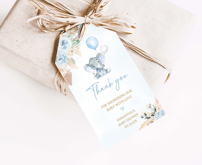 Etiquetas editables de favor de baby shower de elefante boho, etiqueta de regalo de baby shower de elefante azul niño, etiquetas de agradecimiento de ducha de hierba de pampas florales azules, 0618 imagen 3