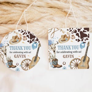 Bearbeitbare erste Rodeo Geburtstag Runde Bevorzugung Tags, Wild West Geburtstag Geschenkanhänger, Cowboy Geburtstag Favor Tag, Jungen südwestlichen Geburtstag Tag, 59BD