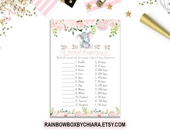 Elephant Animal Pregnancy Game, Pink Floral Elephant Shower Game, Animal Pregnancy Printable Baby Shower Game, Girl Baby Shower Theme BSG011