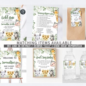 K&ouml;nnte beinhalten: Ein Set mit druckbaren Babyparty-Dekorationen im Dschungel-Thema. Die Dekorationen beinhalten ein Willkommens-Schild, eine Spielkarte, eine Geschenkt&uuml;te und Wasserflaschenetiketten. Die Dekorationen zeigen verschiedene Dschungeltiere, darunter eine Giraffe, ein Affe, ein L&ouml;we und ein Zebra. Die Dekorationen sind in Gr&uuml;n-, Braun- und Gelbt&ouml;nen gehalten.