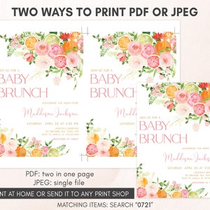 Editable Citrus Baby Brunch Baby Shower Invitation, Pink Floral Orange Citrus Baby Shower Invite, Girl Lemon Baby Shower Invitation, 0721 image 3