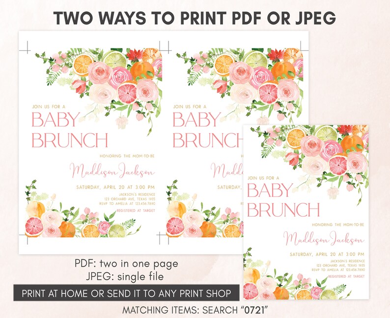 Editable Citrus Baby Brunch Baby Shower Invitation, Pink Floral Orange Citrus Baby Shower Invite, Girl Lemon Baby Shower Invitation, 0721 image 3