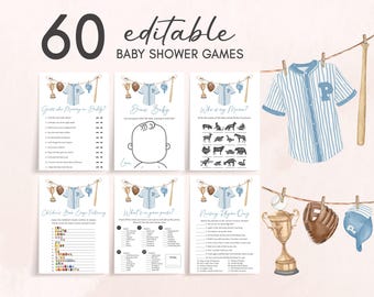 Lot modifiable de jeux de baby shower de baseball, Pack de jeux de baby shower Un petit cogneur est sur le chemin, jeu de baby shower de vêtements de baseball 01062