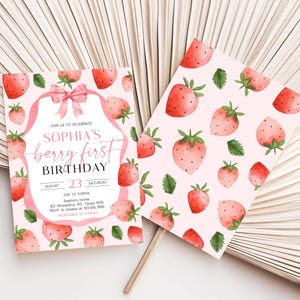 a pink birthday card with strawberries on it