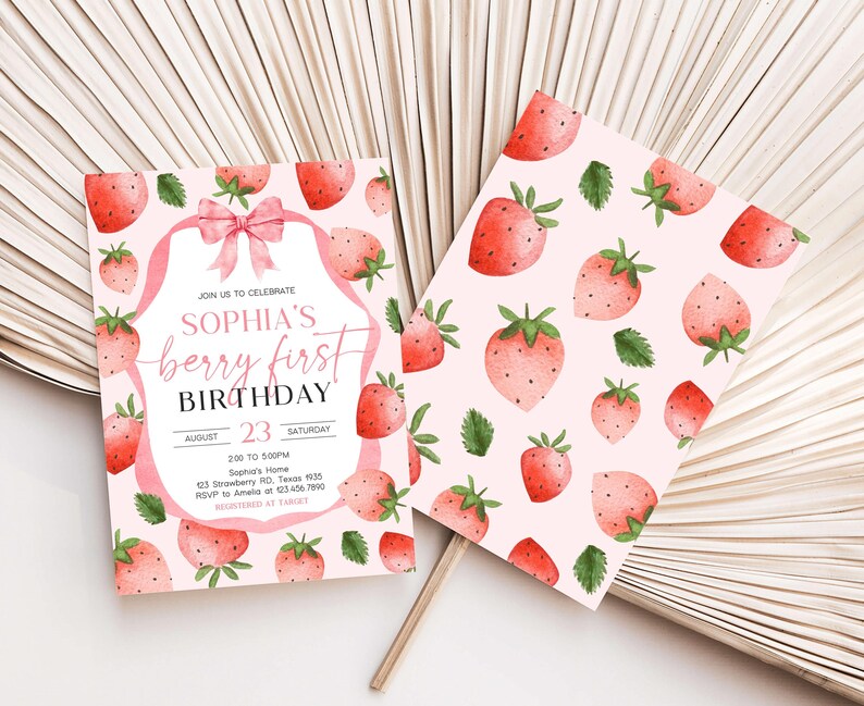 a pink birthday card with strawberries on it