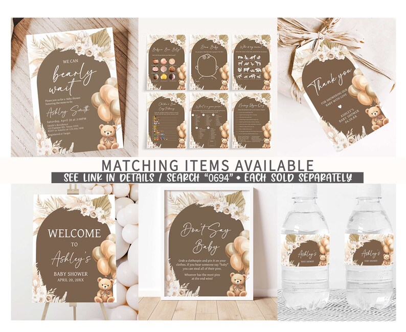 Editable Bear Balloons Baby Shower Due Date Calendar, We Can Bearly Wait Boho Baby Shower Calendar, Brown Teddy Bear Baby Shower Game, 0694 image 2