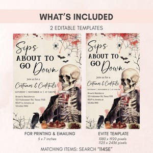 two identical Halloween-themed invitation designs for a costume party. The invitations feature a skeleton holding a wine glass and are printed in 5 x 7 inches. The text on the invitations includes details about the event, such as the date, time, and location, as well as instructions for printing and emailing.