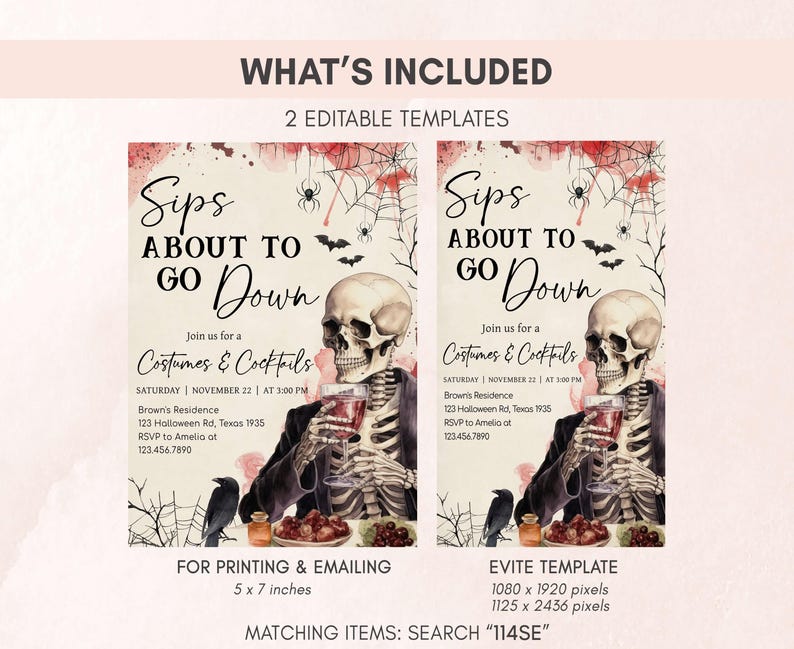 two identical Halloween-themed invitation designs for a costume party. The invitations feature a skeleton holding a wine glass and are printed in 5 x 7 inches. The text on the invitations includes details about the event, such as the date, time, and location, as well as instructions for printing and emailing.