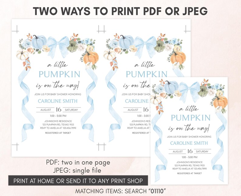 two ways to print a pumpkin and blue ribbon wedding card