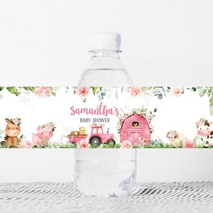 Edytowalne etykiety na butelki na baby shower w gospodarstwie, kwiatowe różowe opakowania na wodę na baby shower w gospodarstwie, szablon etykiety na wodę dla dziewczynek ze zwierzętami w gospodarstwie 0321