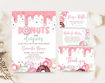 Editable Baby Sprinkle Baby Shower Invitation Bundle, Donuts And Diapers Baby Shower Invite Set, Pink Donuts Girl Baby Shower Invite, 0750