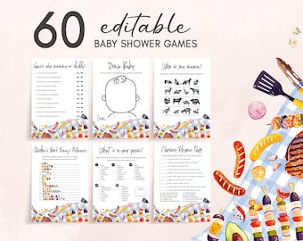 Bewerkbare Baby-Q Baby Shower Games-bundel, Blue Gingham Backyard BBQ Baby Shower Game Pack, Neutral Couples Picnic Baby Shower Game, 01052