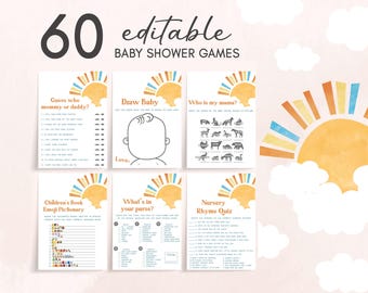 Bearbeitbar Hier kommt der Sohn Baby Shower Spiele Bundle, Boho Sunshine Baby Shower Game Pack, Junge hier kommt die Sonne Baby Shower Spiele, 01046