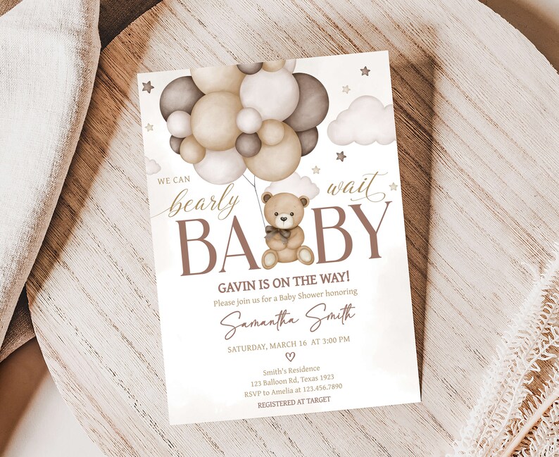 Editable Bear Balloon Baby Shower Invitation Bundle, We Can Bearly Wait Baby Shower Invite Set, Gender Neutral Brown Bear Baby Shower, 0605 image 3