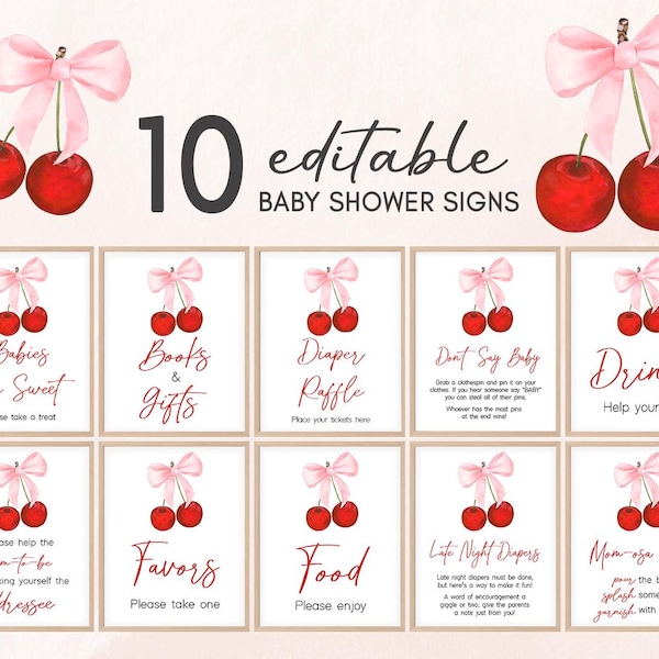 Editable Cherry Baby Shower Table Sign, Cherry on Top Coquette Baby Shower Bundle Sign, Minimalist Pink Bow Cherry Shower Table Sign, 01033